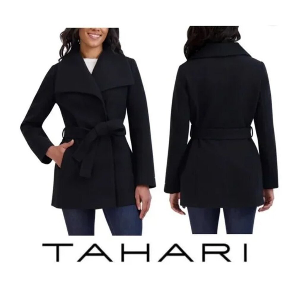 TAHARI Belted Wrap Wool Coat Black: Size Large